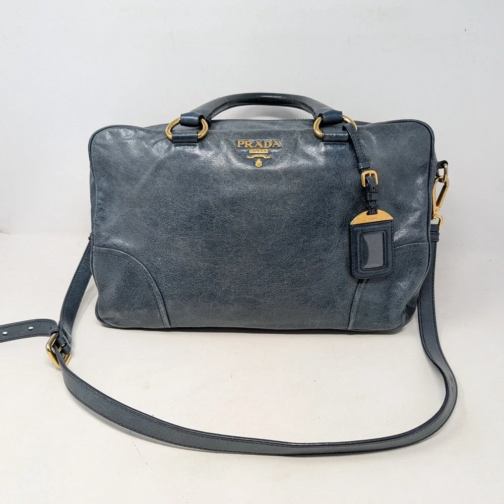 Prada Bauletto Vitello Shine Leather Satchel Bag Blue Gold Hardware